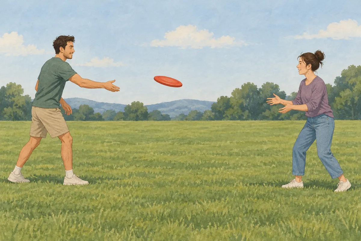 Ilustracja dwóch osób ćwiczących krótkie podania frisbee na trawniku